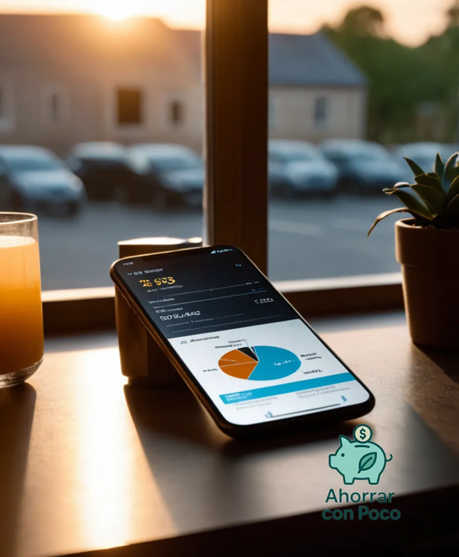 The image should show: A smartphone screen displaying an app interface with categories labeled Gastos Fijos, Gastos Variables, and unspent money visualized through a pie chart, alongside a cluttered desk with financial documents in the foreground, partially lit by morning sunlight streaming through a window.