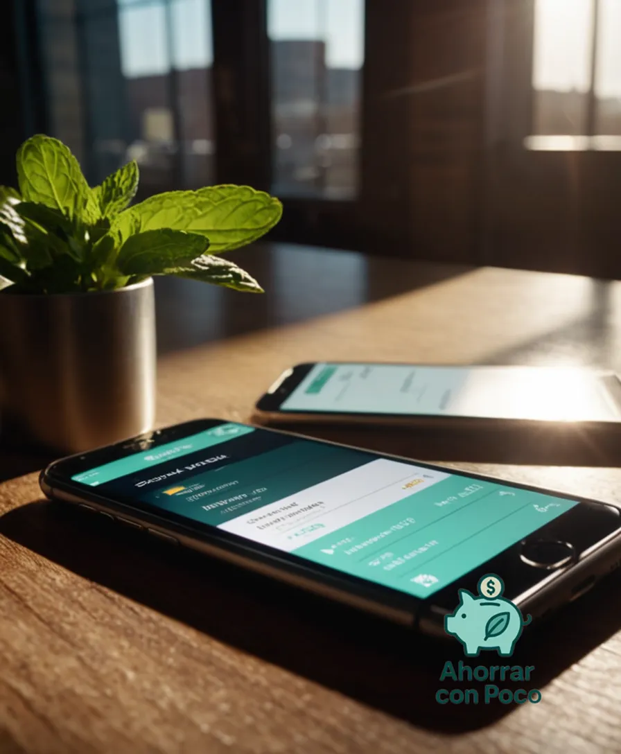 The image should show: A close-up of a smartphone screen displaying multiple icon arrangements of various personal finance manager apps (such as Mint, You Need a Budget, or Wally) amidst a chaotic background of stacked receipts, cancelled checks, and crumpled bank statements, with natural sunlight illuminating the scene.