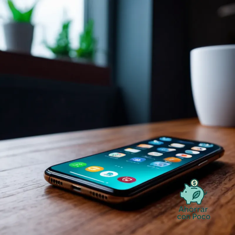 The image should show: A close-up of a smartphone screen displaying various application icons on a clean and minimalist homescreen, including prominently displayed wallet, budgeting, and finance apps, such as Mint, Personal Capital, and Spendee, against a blurred background of bills and receipts scattered on a wooden desk.