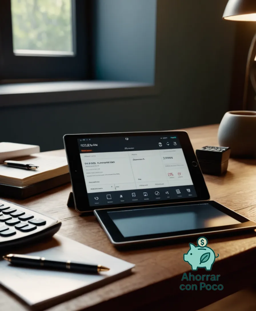 The image should show two tablets lying open on a wooden desk, with a budgeting app's user interface visible on each screen, surrounded by scattered papers, pens, and calculators, under warm and soft natural light, conveying a sense of organization and financial control.