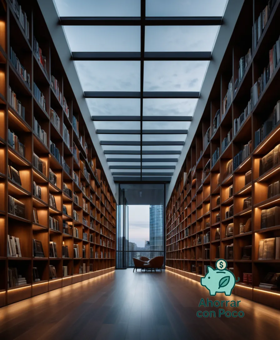 The image should show a warm and inviting interior of a modern library, with rows of sleek wooden bookshelves stretching from floor to ceiling, lined with an assortment of books in various colors and textures, set against a soft focus backdrop of cityscapes and natural light pouring in through floor-to-ceiling windows.