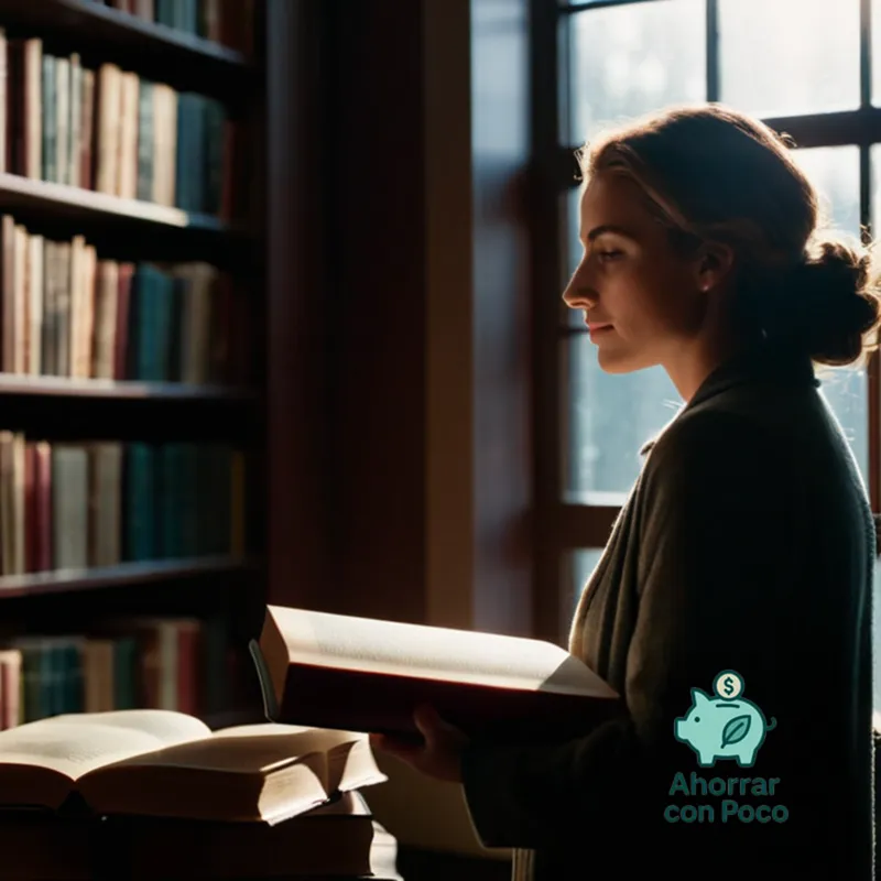 The image should show: A serene library setting with natural light pouring through large windows, casting a warm glow on shelves of tightly packed books made of matte-finish paperbacks and hardcovers in various colors, with a studious-looking person in the corner browsing through a stacked pile of borrowed novels.