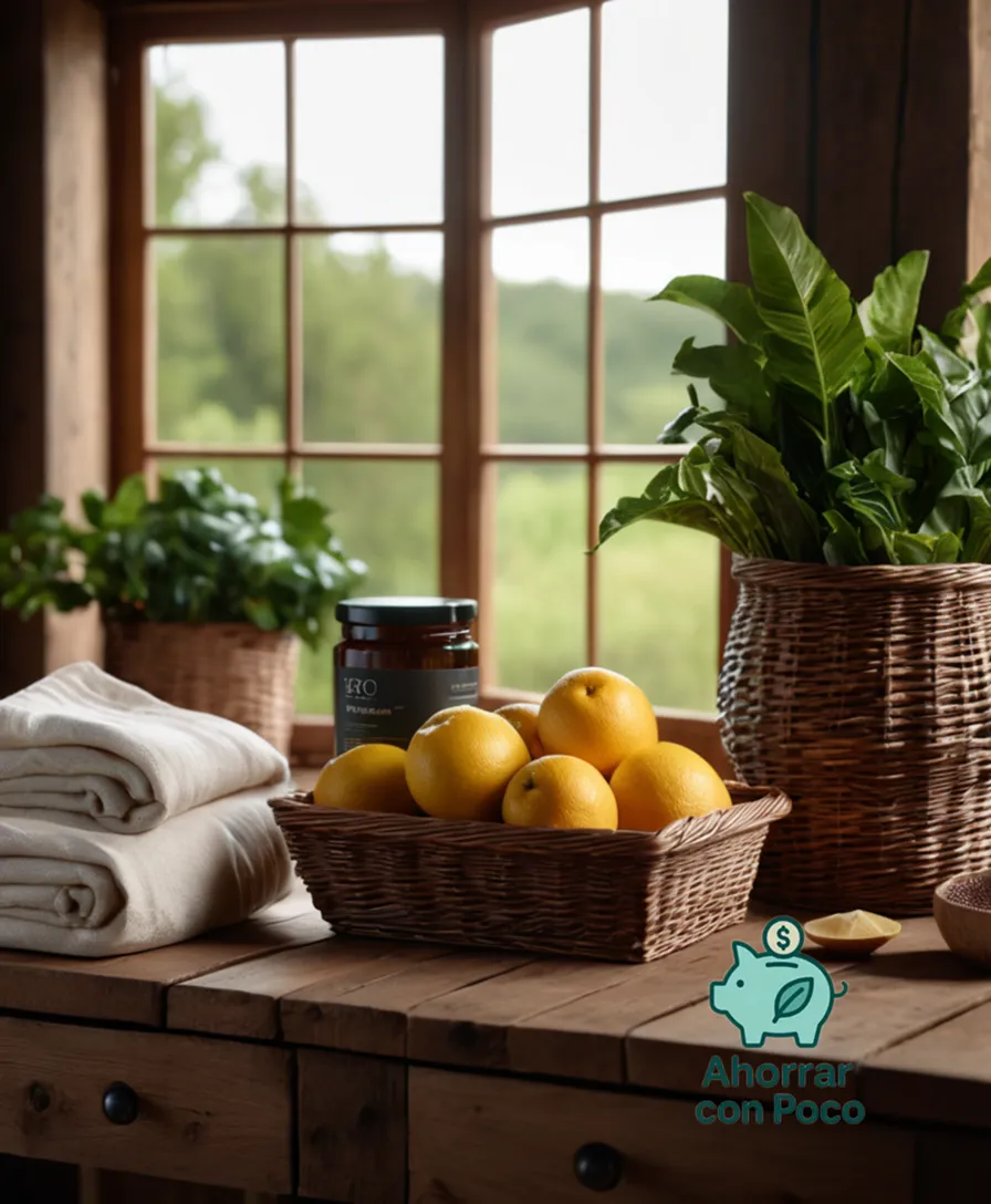 The image should show: A beautifully arranged still life of organic products on a rustic wooden table, with a clear shot of Ecológicos' signature eco-friendly packaging and natural textures such as wicker baskets, woven linens, and lush greenery in the background.