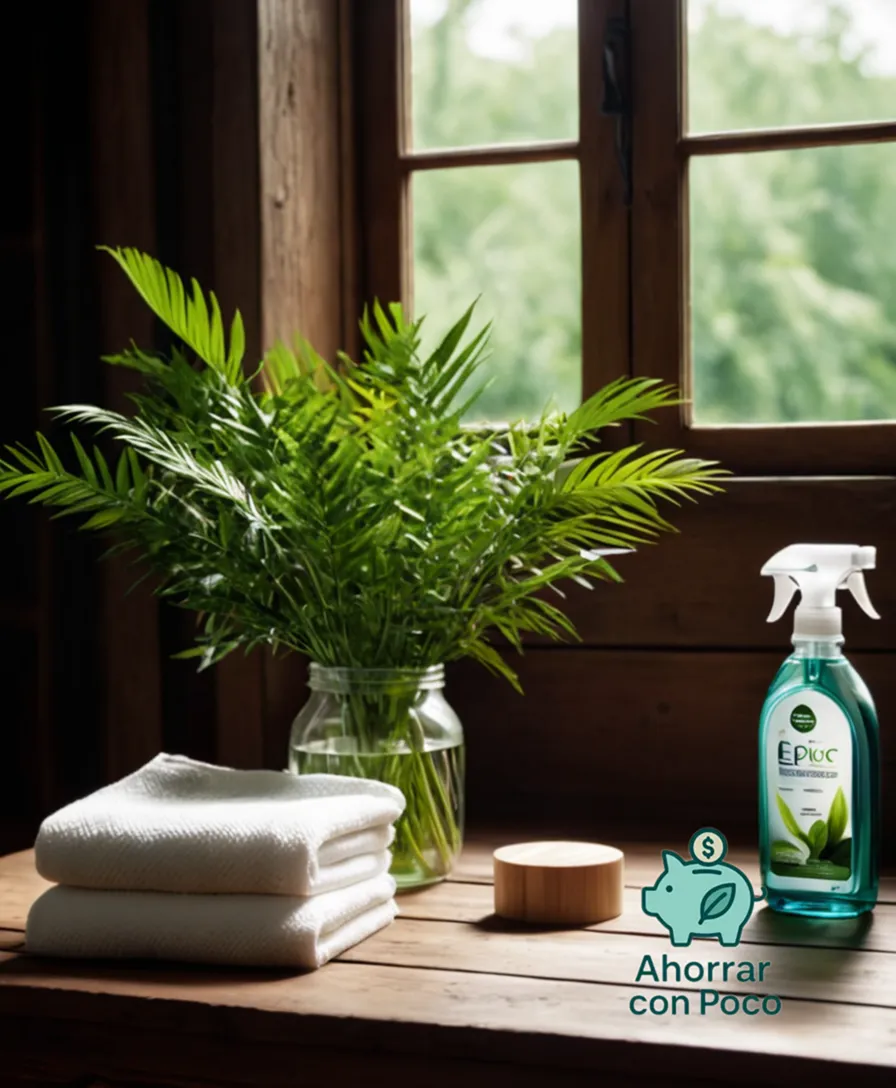 The image should show a warm and inviting still-life arrangement of various eco-friendly household products, including an organic glass cleaner bottle made from recyclable materials, a reusable bamboo cloth, and a bag of fair-trade, biodegradable laundry detergent packets, all arranged on a reclaimed wood table surrounded by lush greenery.