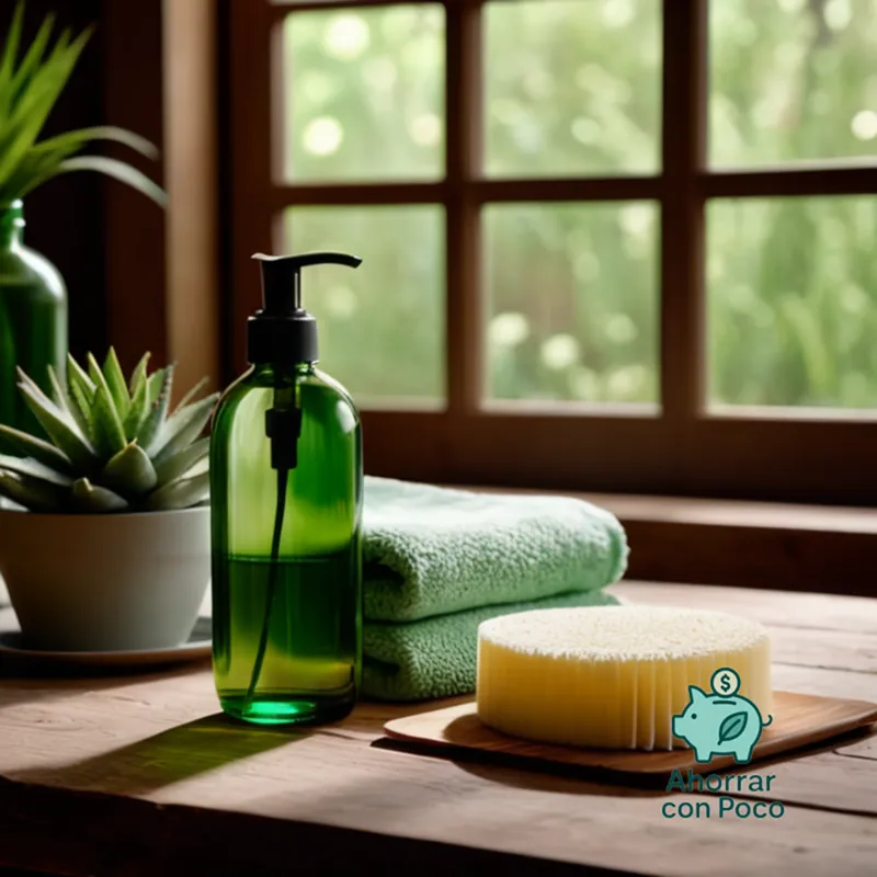 The image should show: A close-up of a handsomely arranged selection of eco-friendly cleaning products on a rustic wooden table, amidst lush greenery, with visible glass bottles filled with plant-based ingredients like aloe vera and essential oils, against an earthy brown background.