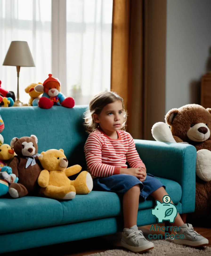 The image should show: A modestly dressed 7-year-old child sitting on a worn couch in a typical living room, surrounded by colorful stuffed animals and a few toys, while a busy parent sorts through a stack of neatly folded clothes, likely donated or thrifted garments for children.