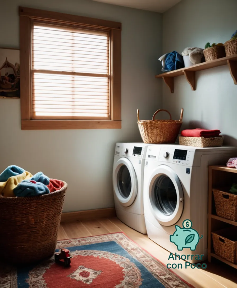 The image should show: A messy yet endearing laundry room scene, where soft, colorful children's clothing and toys are scattered across a worn, wooden chair and a faded rug, amidst a backdrop of a simple white wall, with natural light peeking through a nearby window.