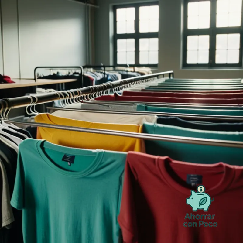 The image should show: A cluttered but tidy clothing rack in a well-lit room, filled with rows of folded t-shirts, pants, and onesies from various second-hand stores, such as Salvation Army and Goodwill, with colorful threads visible on the edges of worn fabrics.