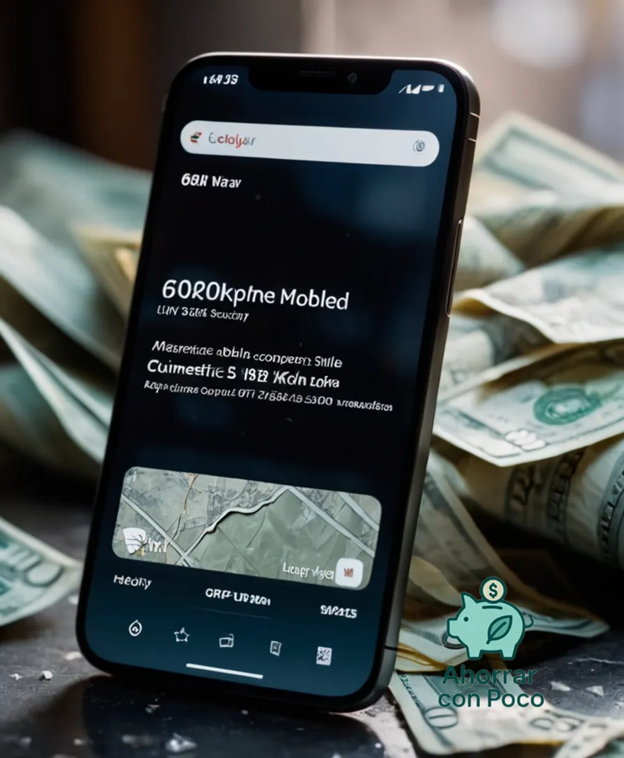 The image should show: A close-up of a worn-out mobile phone screen, cracked display and all, with a faint smile from the user's face reflected in its scratched surface, set against a cluttered background of crumpled bills and coupons.