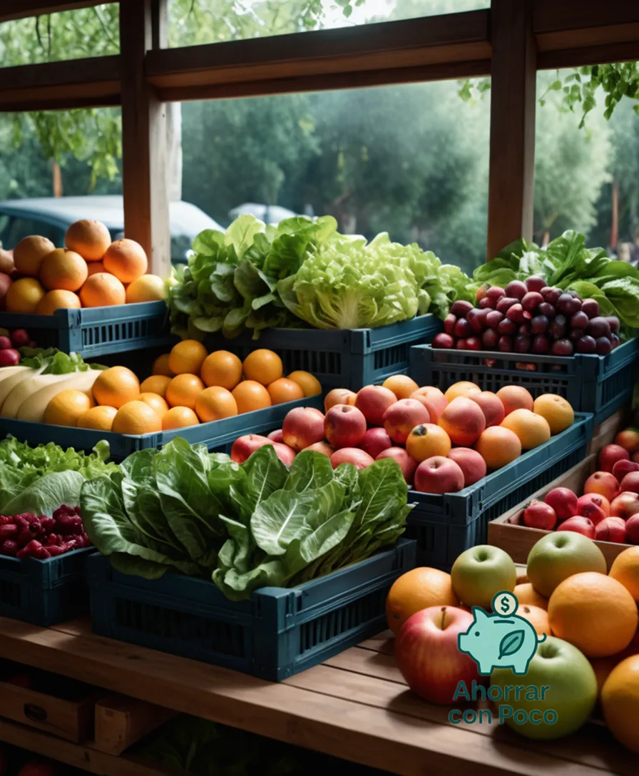 The image should show a vibrant market stall overflowing with an assortment of colorful organic fruits and vegetables, including juicy red apples, crisp romaine lettuce, and plump oranges, arranged artfully amidst lush greenery and warm wooden slats in soft, natural light.