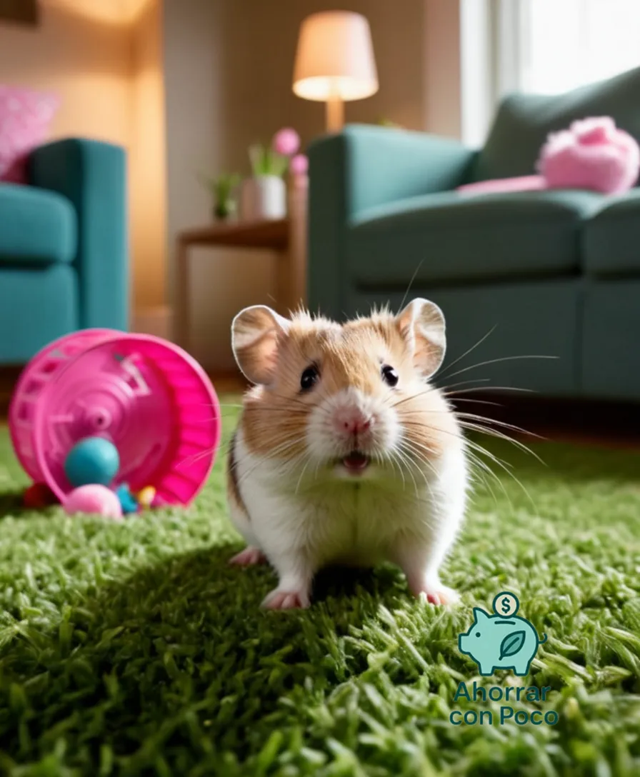 The image should show: A close-up shot of a humble living room floor covered in a lush carpet of vibrant green grass, with a large pink hamster wheel lying on its side in the center, amidst a mess of toys and cleaning supplies, as if Hogar the adorable pet hoglet had been playing house.