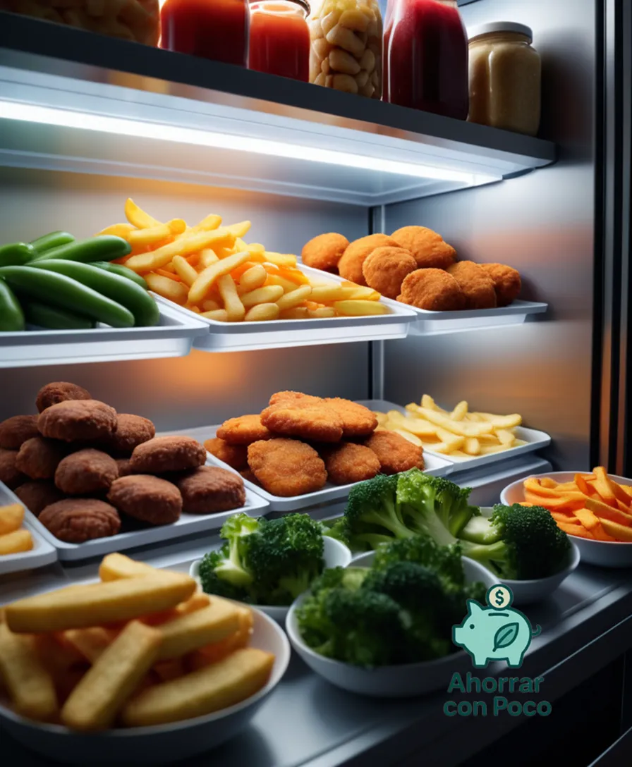 The image should show a visually appealing and well-lit refrigerator freezer shelf packed tightly with an assortment of colorful frozen foods, including juicy chicken nuggets, crispy fries, and various types of frozen vegetables, against a clean and modern background.