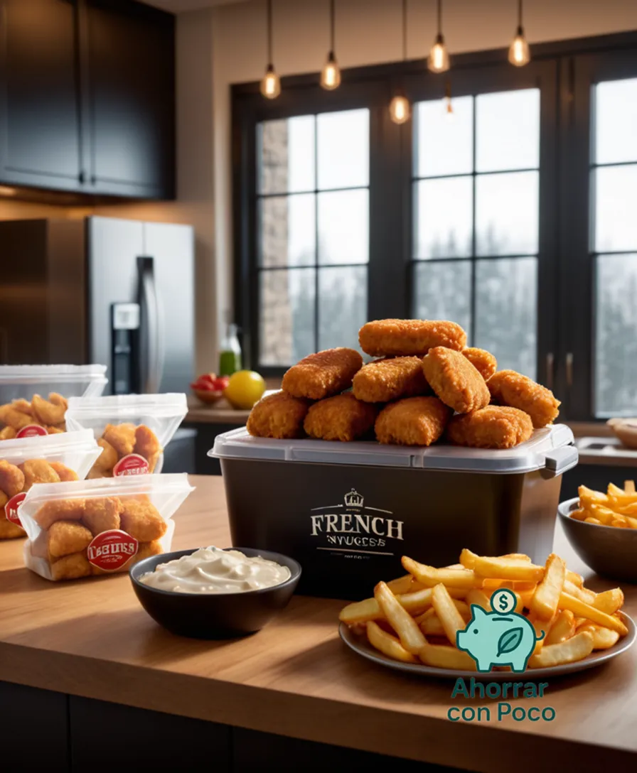 The image should show: A large, transparent icebox in the background, filled to capacity with neatly stacked packages of frozen chicken nuggets, french fries, and mixed vegetables, sitting on a wooden countertop amidst everyday kitchen utensils and appliances, under soft natural light.