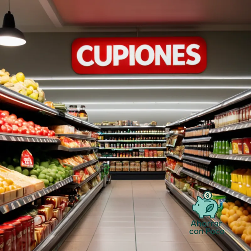 The image should show: A large, well-lit supermarket aisle lined with neatly stacked shelves of diverse food items, including colorful fresh produce, bulk pasta, canned goods, and bottles of juice, with a giant sign above reading 