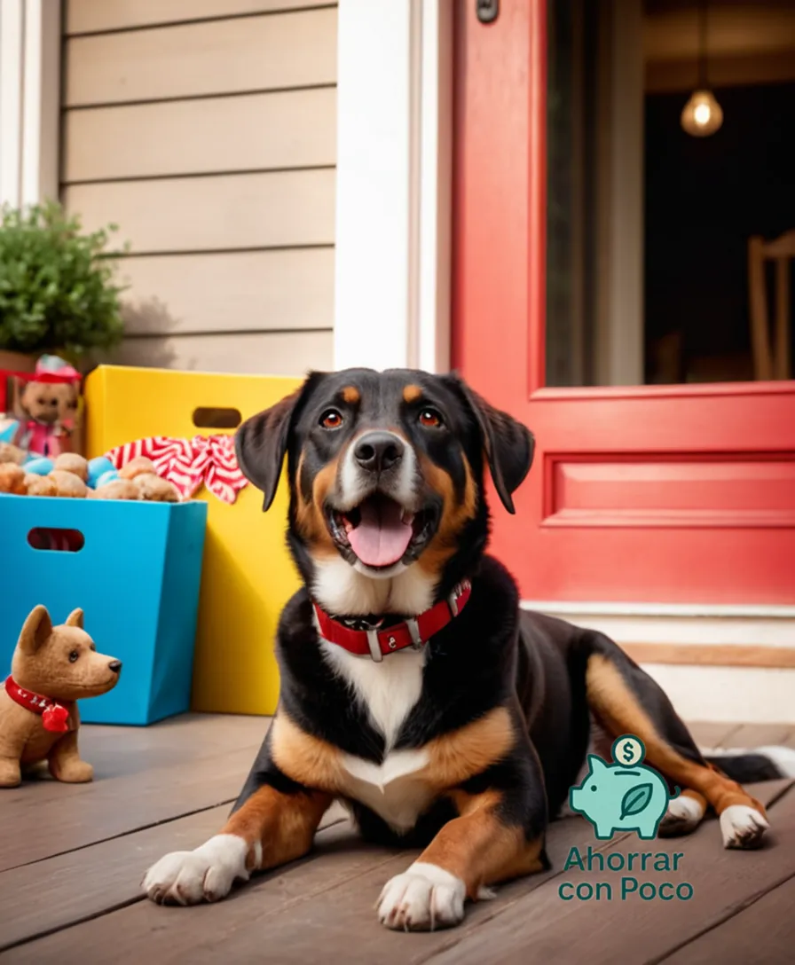 The image should show: A happy Perrito sitting in front of a brown wooden door, looking up at its owner with big brown eyes, wearing a red collar and tag with a shiny nameplate, surrounded by colorful toys and treats on a natural stone porch under warm sunlight.