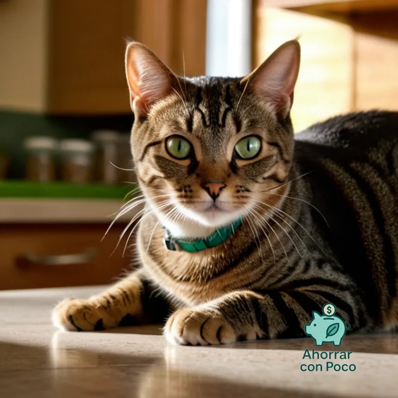 The image should show: A close-up of a brown-haired and green-eyed domestic shorthair cat with a subtle sheen on its velvety coat, positioned in front of a kitchen countertop littered with boxes of affordable pet food labels from popular brands, under natural morning light casting warm shadows.