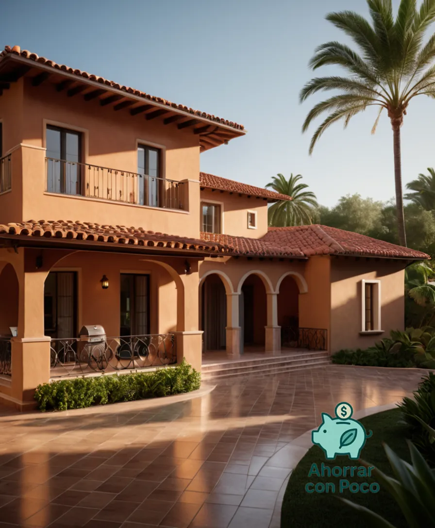 The image should show: A modest, two-story casa with warm, earthy tones and a terracotta roof, nestled among lush green gardens and palm trees alongside it, casting long shadows on the outdoor patio area under an overcast sky with soft diffused light.