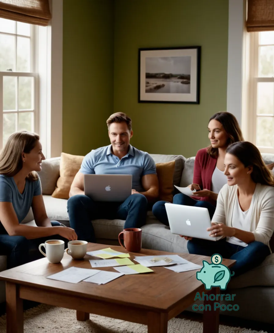 The image should show: A real family sitting in their cozy living room with laptops and tablets scattered around them, surrounded by printed paper bills, reminders stuck to a corkboard, and a budget planner on the coffee table, all under warm and soft natural light filtering through the window.