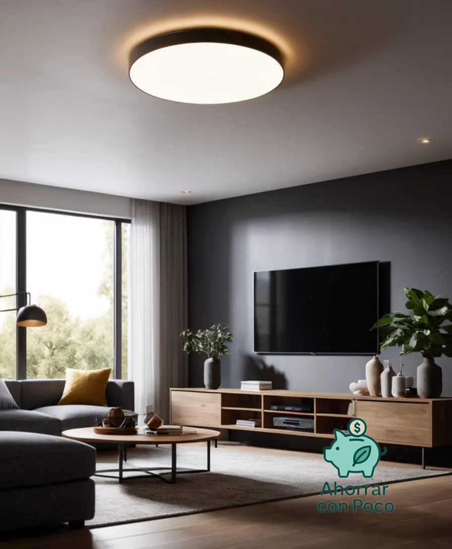 The image should show: A bright, well-lit living room with a clean and minimalist aesthetic, featuring a prominent central location for an energy-efficient LED light bulb installation, effortlessly integrated into a stunningly simple and sleek ceiling fixture, complementing the calm atmosphere.