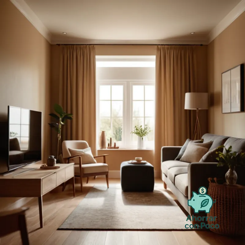 The image should show: a modest living room with warm beige walls and wooden furniture, where a comfortable-looking armchair beside a window with closed curtains sits prominently in front of a family-sized refrigerator, its digital display glowing softly as a subtle reminder of energy efficiency.