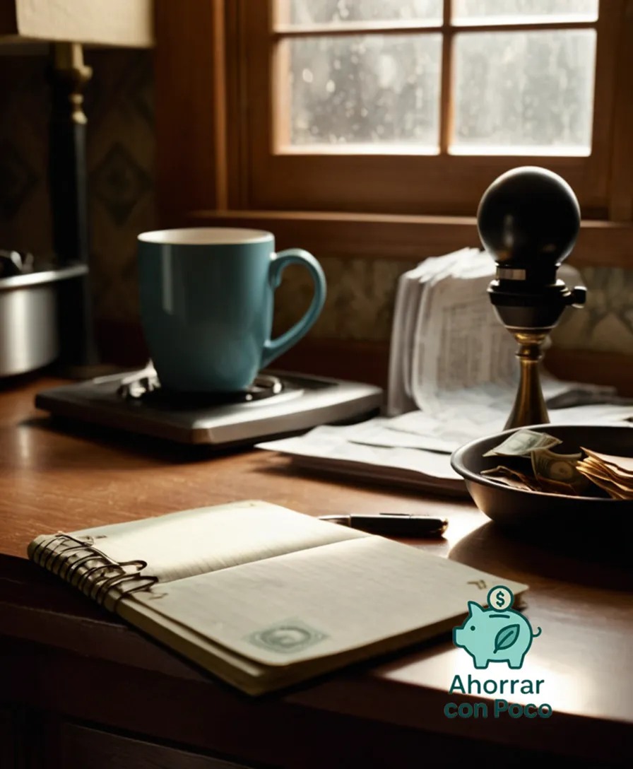 The image should show: A worn-out notebook lying open on a cluttered kitchen counter, with a lone twenty-dollar bill crumpled next to it, partially covered by a faintly lit lamp's warm glow, as a stack of unpaid bills and cancelled checks lie haphazardly in the background.