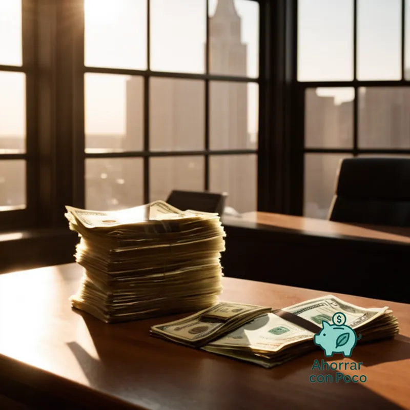 The image should show a carefully stacked pile of crisp $100 bills, set against a soft focus background of scattered receipts and bank statements, with a calculator and pen placed nearby on a wooden desk, under warm morning light filtering through a window, exuding a sense of security and stability.