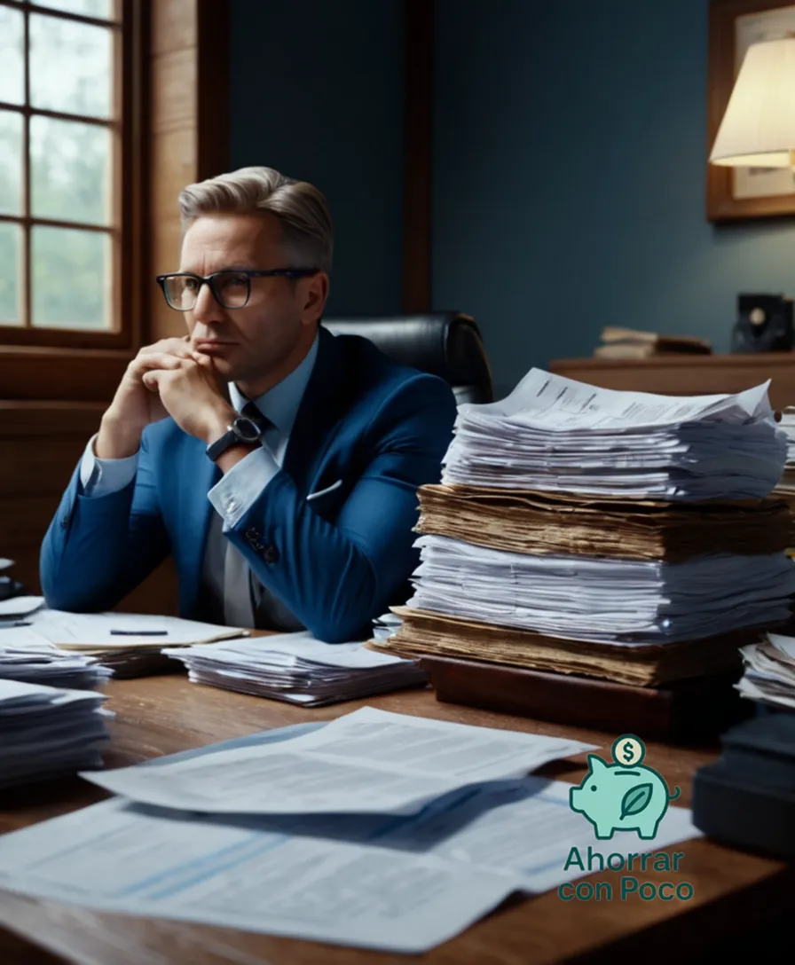 The image should show: A close-up of Fondo Emergencia's financial advisor, seated in a state of worry, surrounded by stacks of unpaid bills and loans papers on a well-worn wooden desk, with a faint light from a window casting an anxious glow over the cluttered workspace.