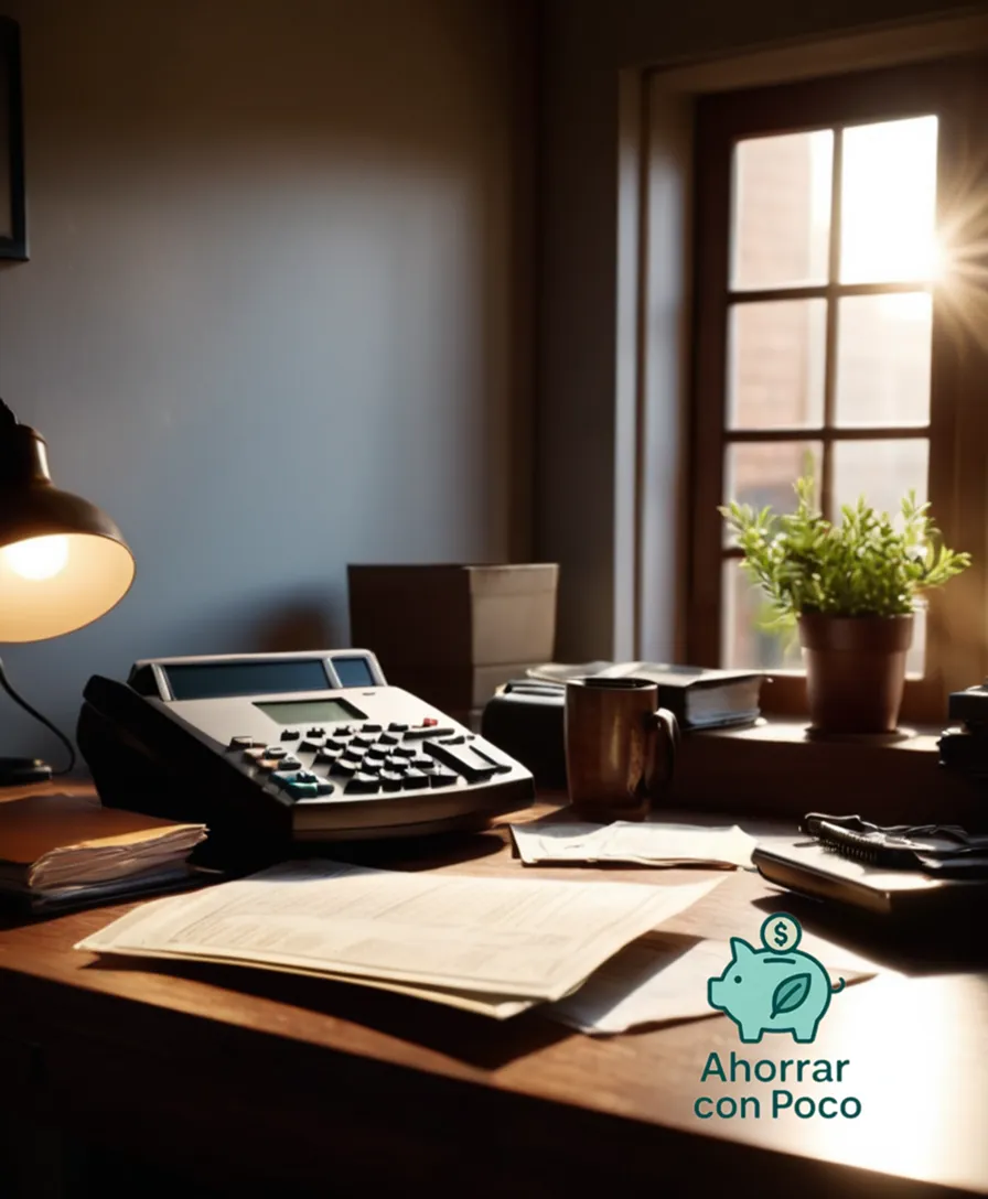 The image should show a simple yet focused still life of a cluttered desk with assorted financial documents, bills, and statements scattered across a traditional wooden surface, lit by the warm glow of morning sunlight filtering through a nearby window.