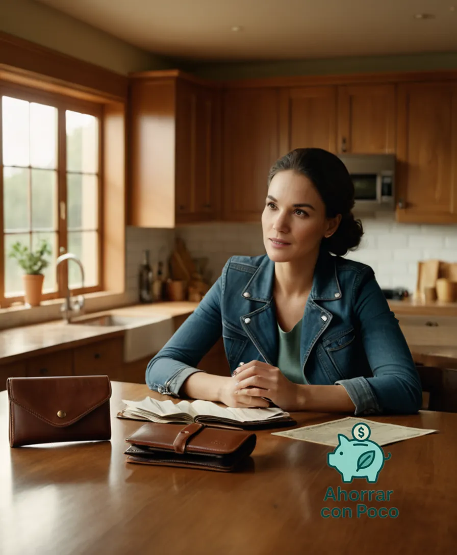 The image should show a simple yet clutter-free kitchen table scene, where a young mother in her mid-twenties sits calmly, surrounded by financial documents, a worn leather wallet, and a stack of bills, with a faint hint of sunlight casting a warm glow on the otherwise tidy setting.