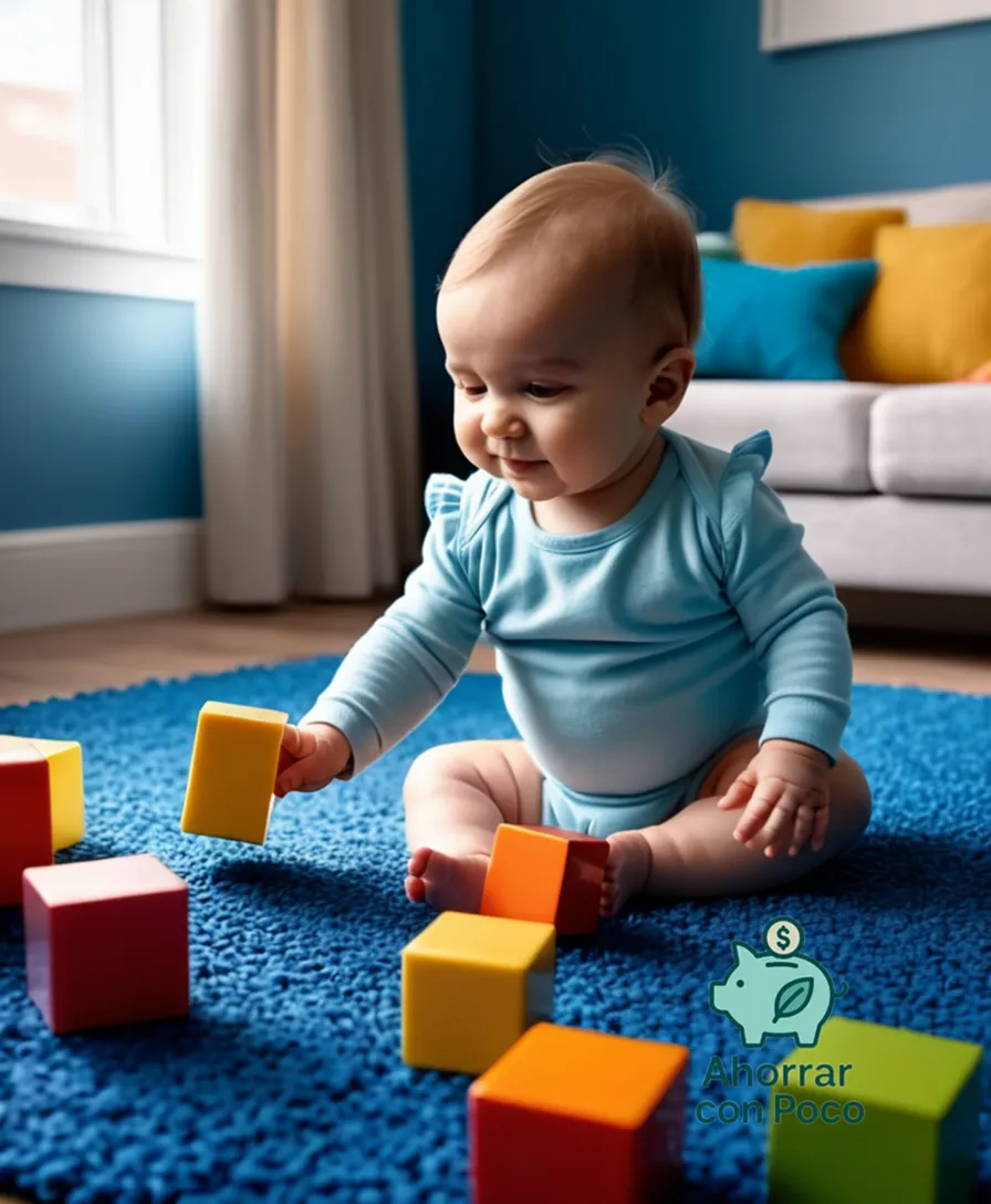 The image should show: A soft-focused photograph of a baby playing with blocks on a vibrant blue mat, surrounded by inexpensive yet colorful toys and books in a minimalist living room with sunlight streaming through the window, emphasizing the importance of affordable childcare.