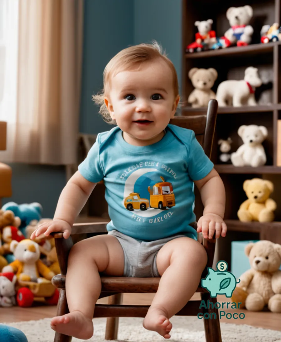 The image should show a small, bright-eyed toddler, around 3 years old, sitting on a worn wooden chair in a modestly decorated living room, surrounded by toys and family photos, wearing a simple t-shirt and shorts, with a look of curiosity on their face.