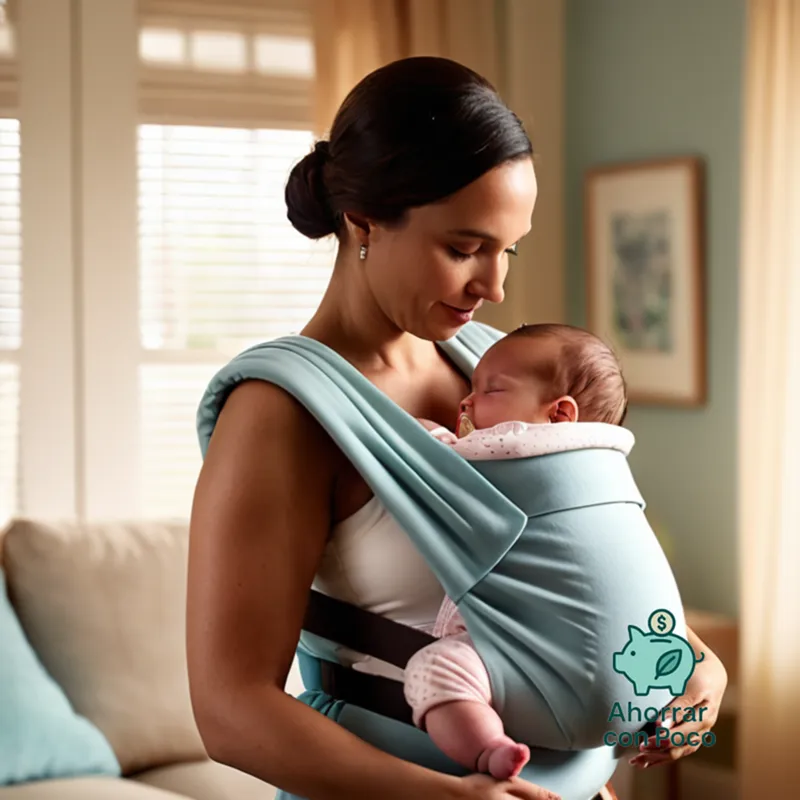 The image should show a gentle mother placing a sleeping infant safely in a baby carrier, amidst a domestic setting of a modest living room with soft, pastel-colored walls, colorful toys scattered nearby, and a warm window light filtering through the blinds, highlighting the tender intimacy of the moment.