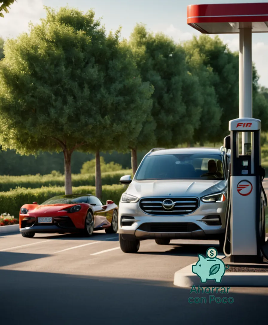 The image shows a bright and sunny highway scene, where a sleek, silver gas pump stands prominently in the center-left, next to a row of 3 cars sharing a single space to refuel from the same pump on the right, surrounded by lush greenery with vividly colored flowers, emphasizing the benefits of shared fueling.