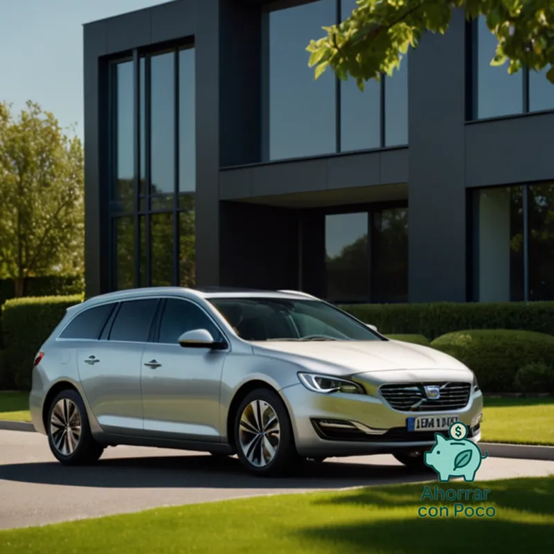 The image should show: A sleek, silver compact family car with tinted windows and a distinctive company logo on the side panel parked in front of a suburban residential area with a neatly manicured lawn and a tree, casting dappled shading onto the scene's calm atmosphere.