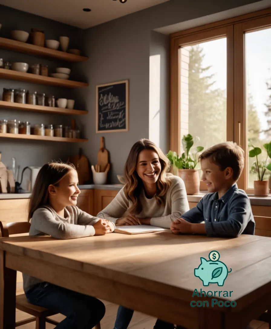 Here is a concise and accurate visual description of an article image:

The image should show: A warm and inviting snapshot of a happy family, seated at a wooden kitchen table in a small, well-organized living room, surrounded by educational materials and children's artwork, with a framed picture of a proud child standing on the shelf behind them.