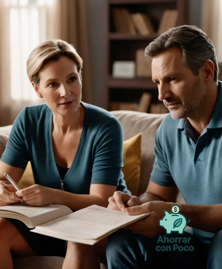 The image should show: Two loving parents, in their forties, sitting on a couch in a comfortable living room, surrounded by school books and papers, with concerned expressions while reviewing a joint calendar of expenses, wearing casual clothes in a warm, natural light.