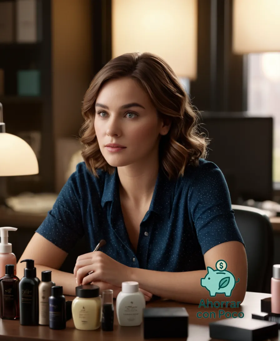 The image should show a thoughtful young woman with a gentle expression, sitting in front of a cluttered desk with various personal care products such as makeup, skincare items, and hair accessories arranged neatly on top of it, highlighting her organized approach to economizing personal expenses.