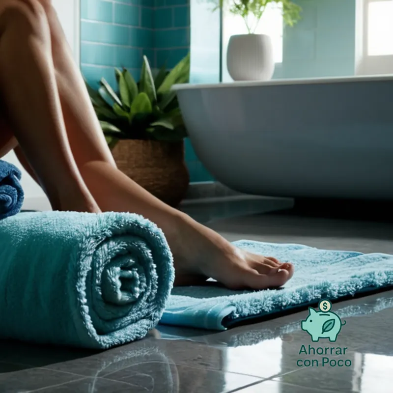The image should show a serene and well-lit bathroom with a woman in her mid-thirties gently exfoliating her skin while standing barefoot on a plush gray mat, with an open package of eco-friendly face wash lying nearby, amidst soft blue towels and calming greenery, conveying a sense of relaxation and self-care.