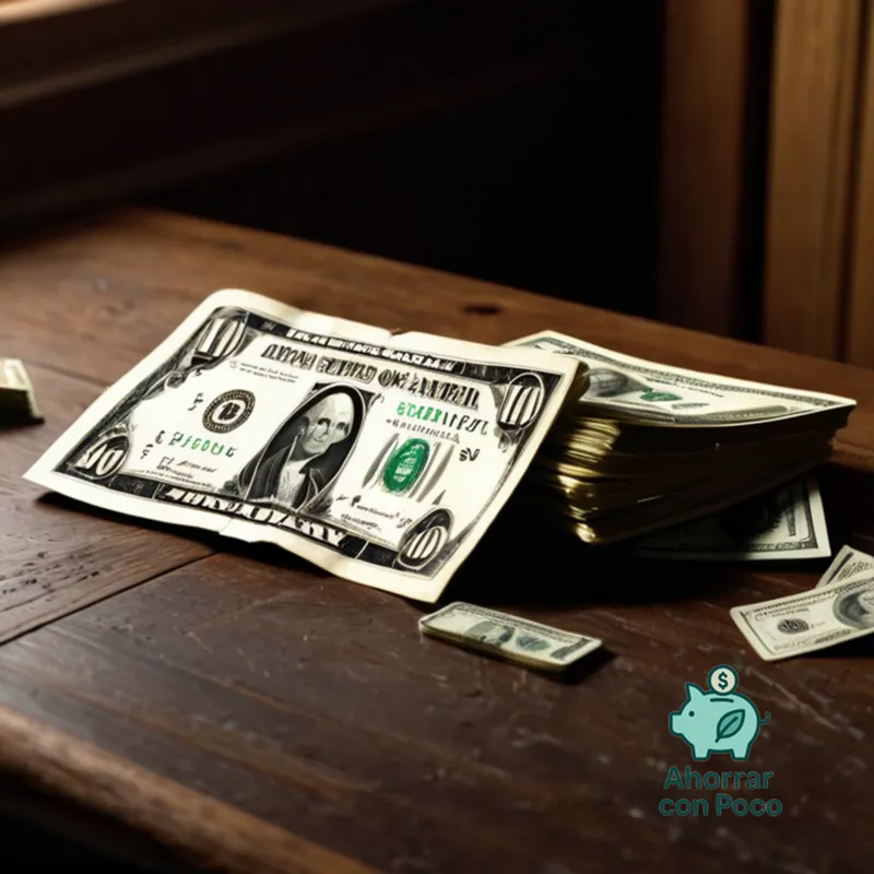 The image should show: A worn, crumpled $100 bill in tattered denominations on top of a pile of faded US currency, partially covered by an open wallet on a cluttered wooden table, surrounded by faint shadows and subtle scratches that reflect the struggles to economize during high inflation.