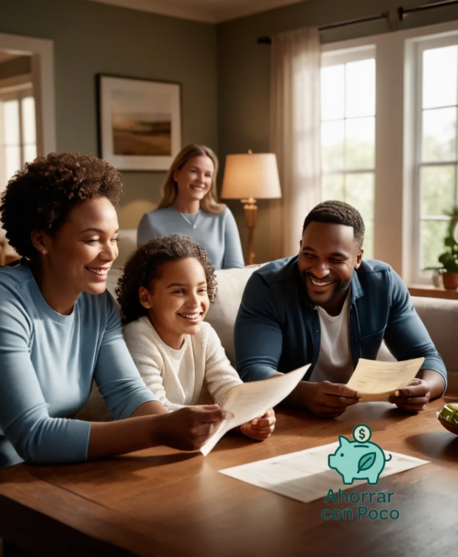 The image should show: A warm and thriving family gathered in their comfortable living room, surrounded by a few framed photos, looking joyful and relieved as they proudly display checks and financial documents related to a well-paying job that has significantly improved their economic situation.