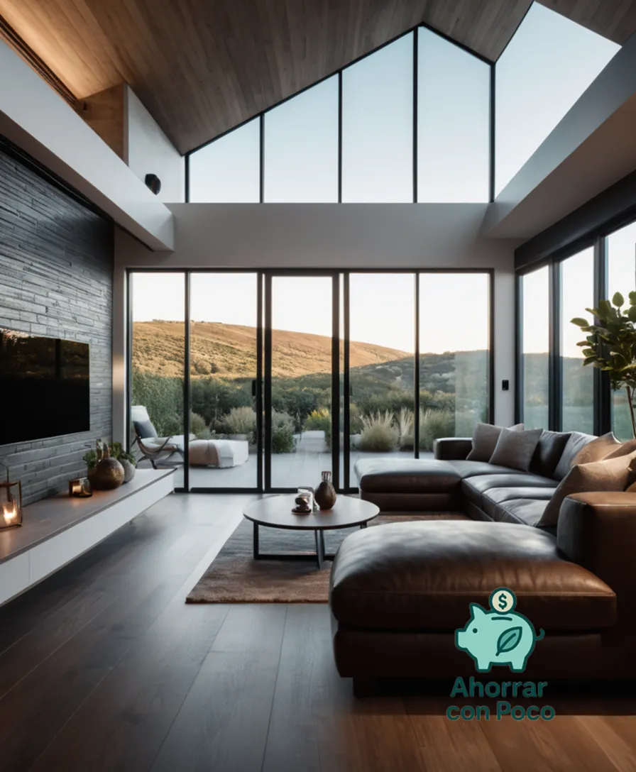 The image should show a modern, three-bedroom house with a living room that blends seamlessly into an open-plan kitchen and dining area, characterized by sleek, minimalist design features, subtle hardwood textures, and soft natural light pouring in through floor-to-ceiling windows.