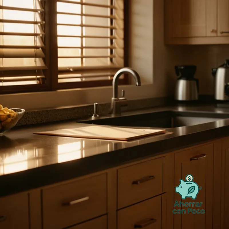 The image should show: A typical household electricity bill, partially opened on a cluttered kitchen counter, with visible notes and annotations scribbled in the margins, against a warm beige background, under soft evening light streaming through a window with wooden Venetian blinds.