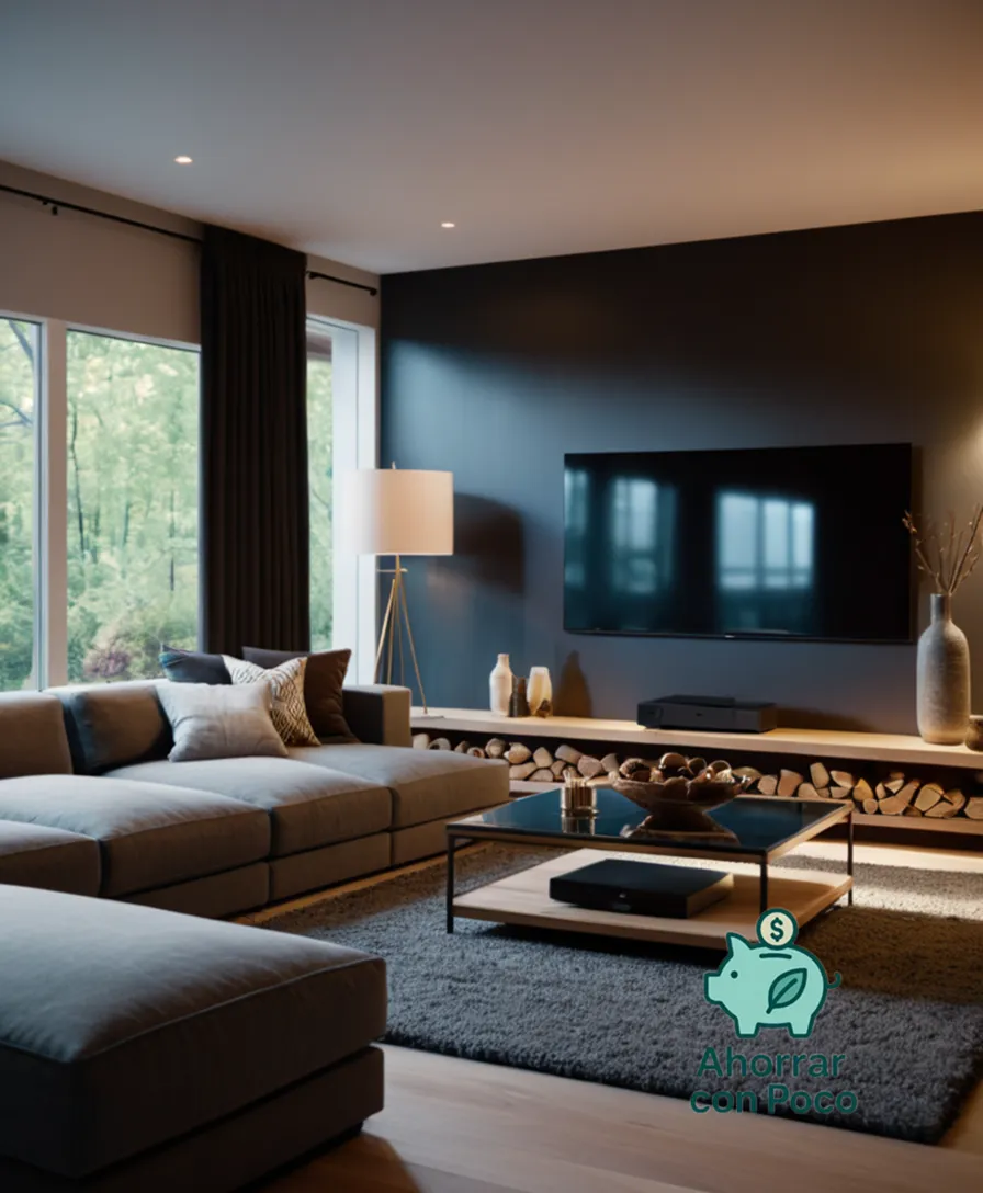 The image should show: A sleek and modern living room with a 42-inch HDTV mounted on the wall, surrounded by cozy throw pillows, a plush rug, and dimmable table lamps, featuring a subscription cable box, a DVD player, and a video game console stacked under a glass coffee table.