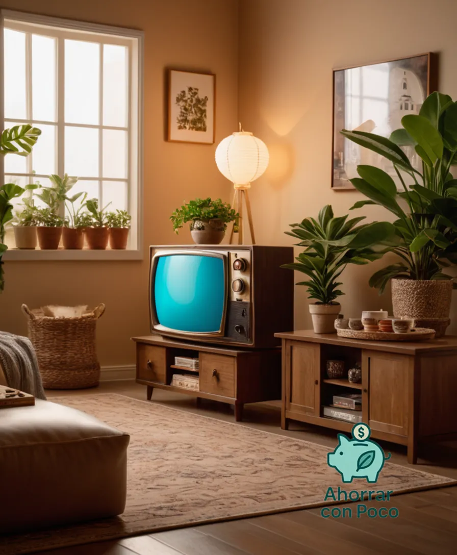 The image should show: A modestly decorated living room with a vintage-style TV on a worn-out coffee table, surrounded by potted plants, colorful paper lanterns, and board game boxes, all set against a warm beige wall under soft natural lighting.