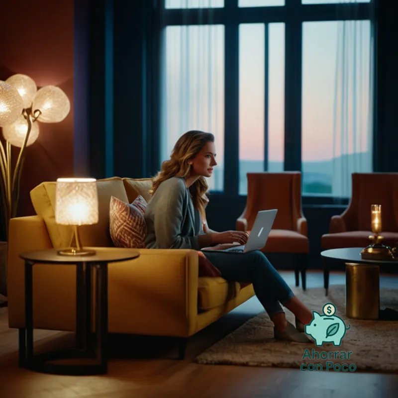 The image should show a young woman sitting comfortably on her couch, surrounded by vibrant wall decorations and floor lamps, gazing at her laptop screen as she navigates through various streaming platforms' free trial tabs on a prominent display.