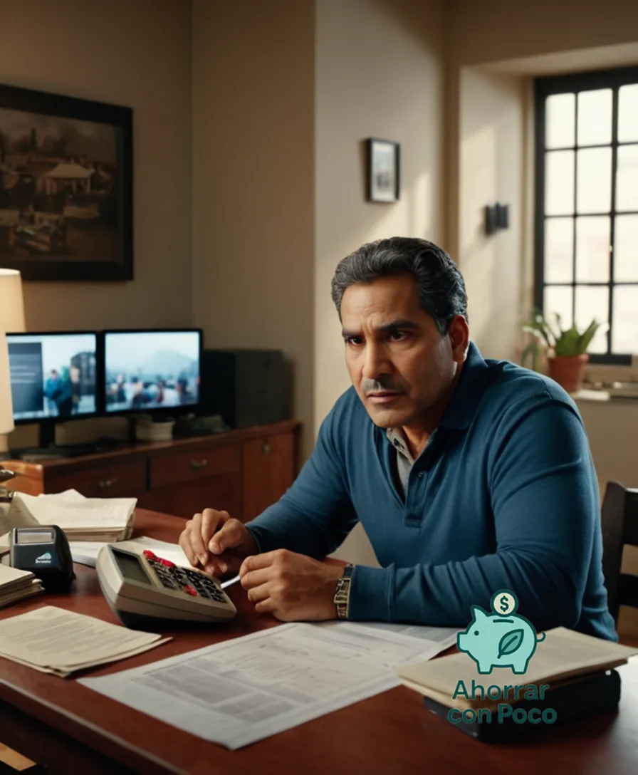 The image should show: A middle-aged latino person sitting at a cluttered but tidy desk in a small apartment, surrounded by family photos and tax forms, holding a calculator with a worried expression while their partner looks over their shoulder, both wearing casual clothing.