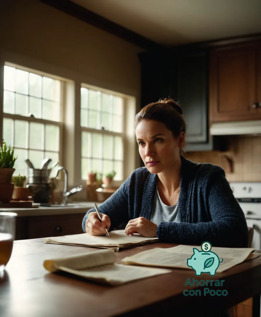 The image should show a close-up, candid portrait of a single adult sitting at a cluttered kitchen table, surrounded by humble decor, papers, and worn-out household items, with a faint yet anxious expression on their face as they scrutinize a tax return document.