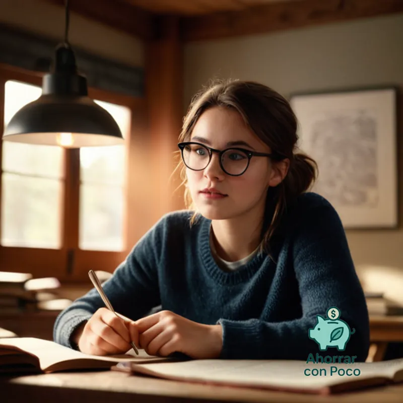 The image should show a bespectacled young adult with messy brown hair and a look of mild concern, sitting at a cluttered wooden desk in a small apartment, surrounded by textbooks and financial documents, with a faint shadow on the wall indicating a typical morning light.
