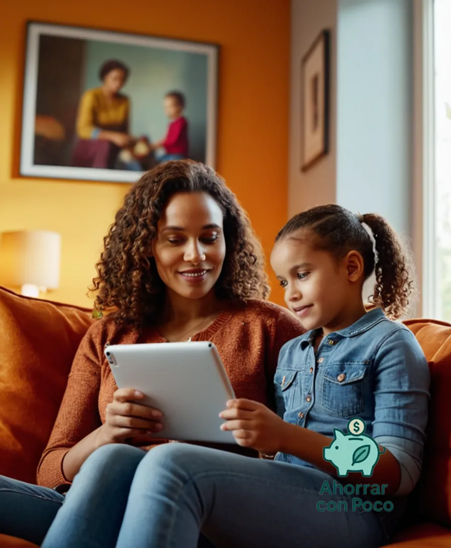 The image should show a warm and inviting photo of a young mother, surrounded by her vibrant child's artwork on a colorful wall in a modest living room, holding a small tablet computer with a clear visual representing an online loan application process filling the screen.