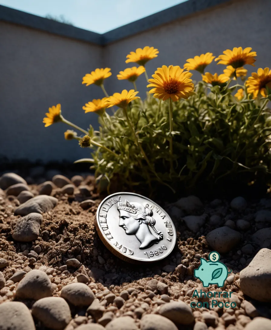 The image should show a worn, silver-pailed coin (a centavo) partially buried in the dry soil of a small, untended garden, surrounded by a few wilted flowers and a concrete wall, bathed in soft, melancholic daylight filtering through a grimy kitchen window above.